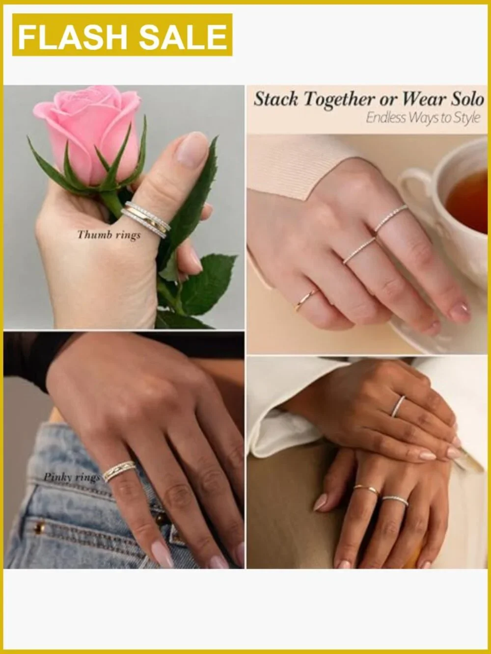 Stackable Ring Set Mixed Metal Eternity Band 14K Gold Silver Tone CZ Stacking
